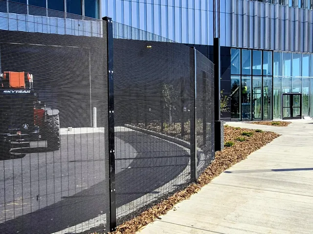 Welded mesh security fence at the building entrance, Ambleside Integrated Site