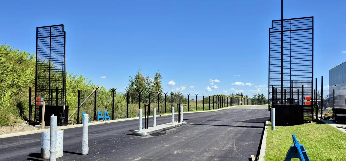 Cantilever slide gate at the entrance to the Ambleside Integrated Site, Edmonton