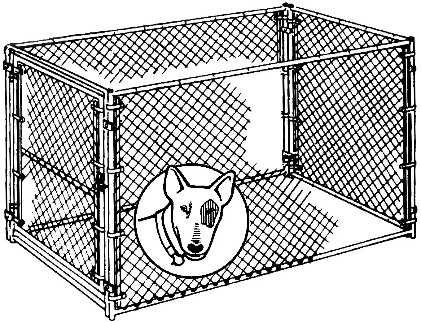 Drawing of a welded panel chain link dog kennel with access gate