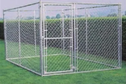 Galvanized welded panel dog kennel kit with a gate panel, set up on grass