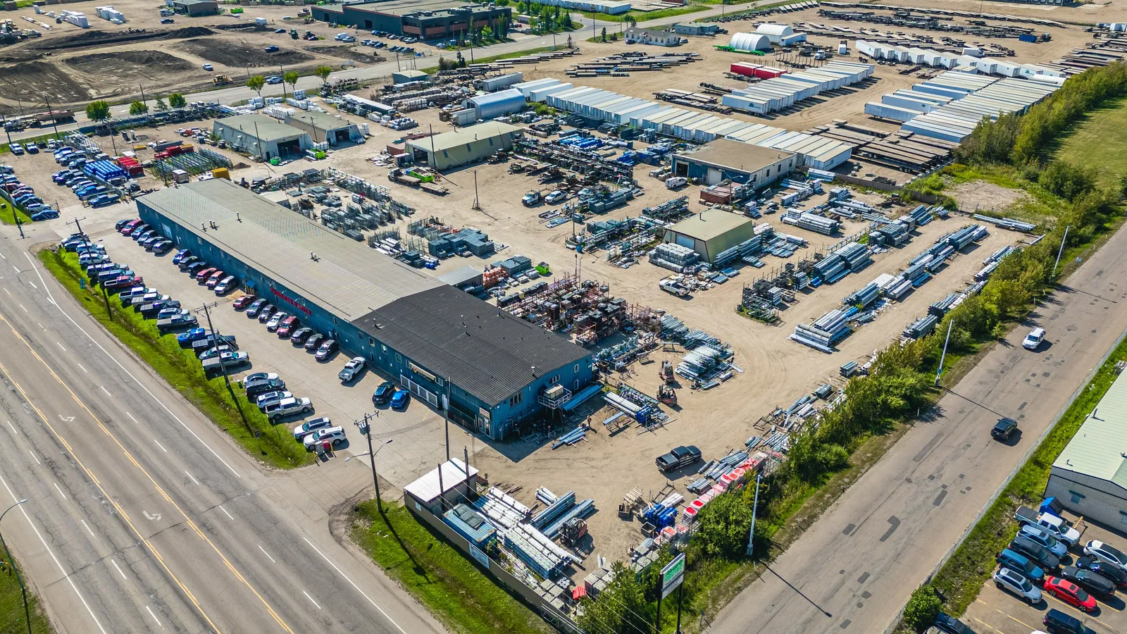 Aerial view of the Phoenix Fence Edmonton head office, plant and yard on 156 Street