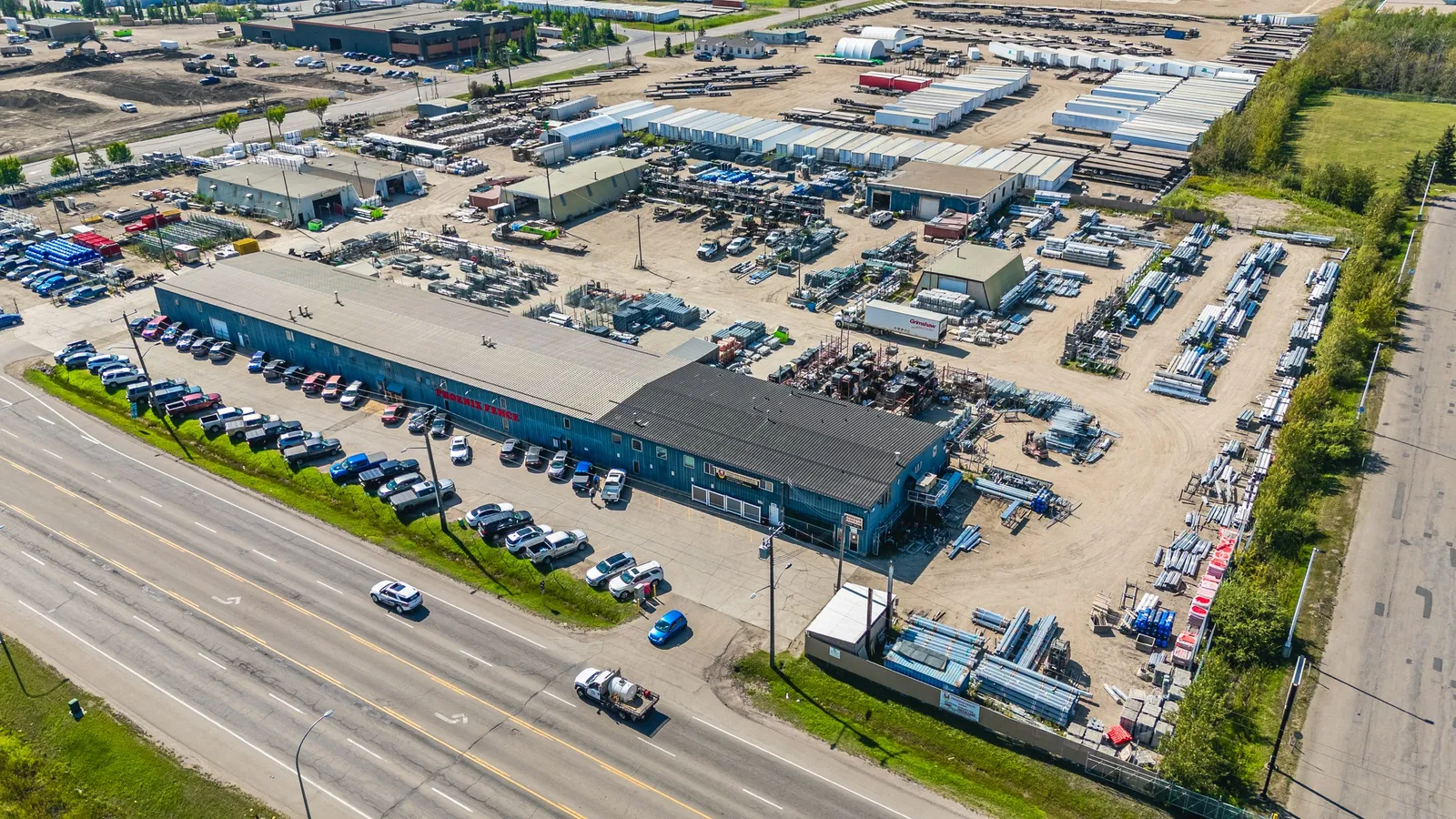 Aerial view of the Phoenix Fence Edmonton plant, office and storage yard