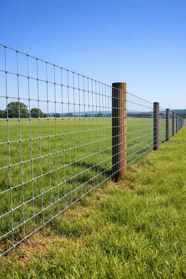 Farm field fence on wood posts running along a pasture