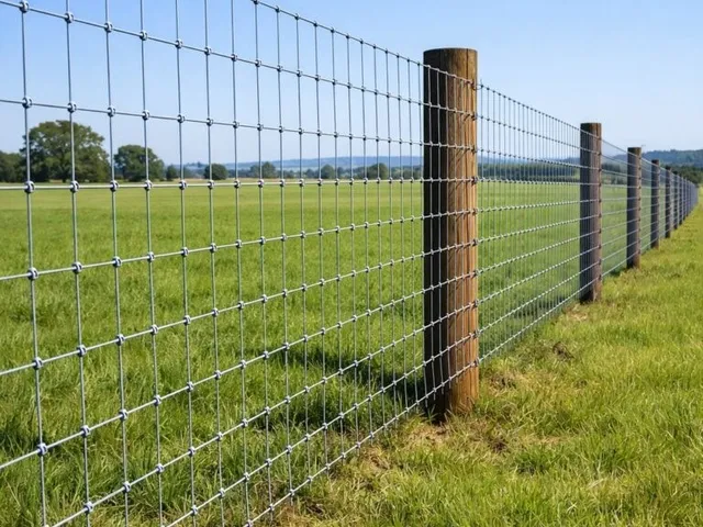 Farm field fence on wood posts