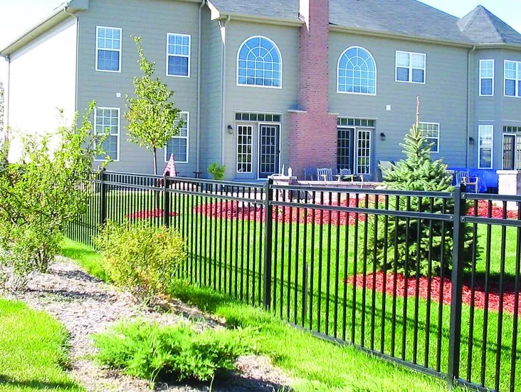 Black ornamental steel fence around a residential back yard