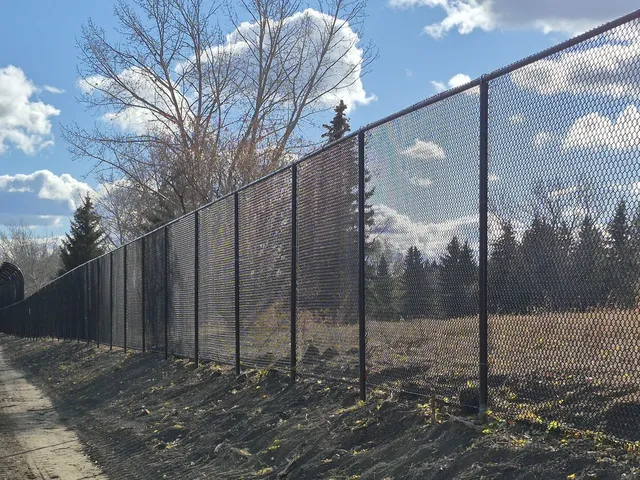 Tall black chain link fence along the fairway, Sturgeon Golf Course